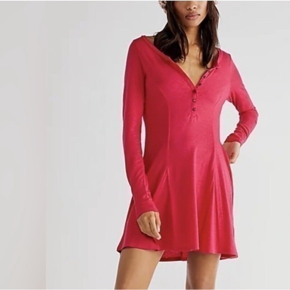 NWT Free People Beach Miles of Henley Mini Dress in Pink Long Sleeve